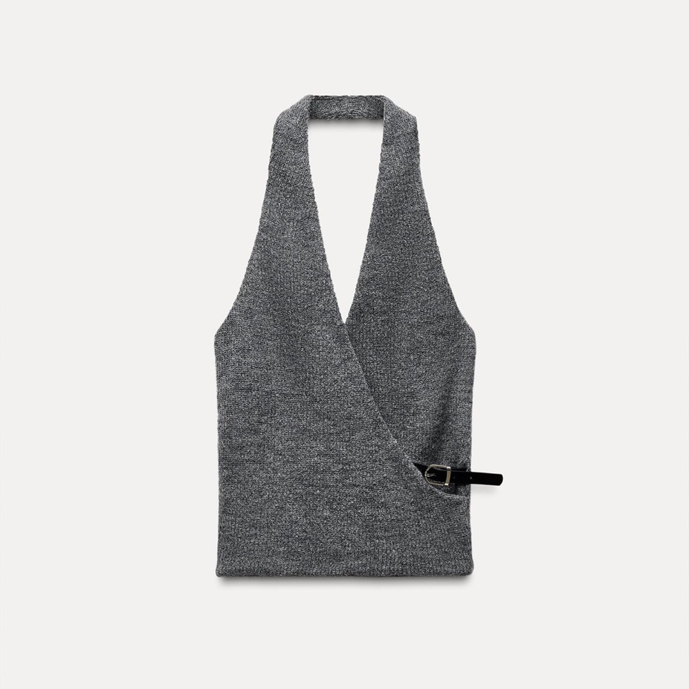 Gray Halter Knit Top with Buckle Detail